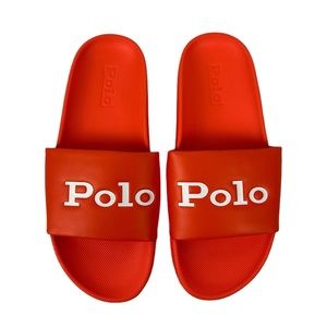 Polo Ralph Lauren Womens 8 Cayson Slide Sandals Faux Leather Orange Spell Out